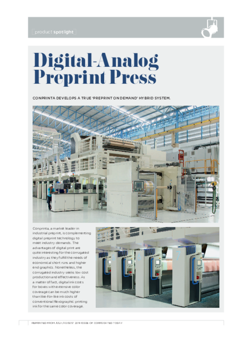 Newspaper article Product Spotlight with photos of the Conprinta IMD flexo printing system.
